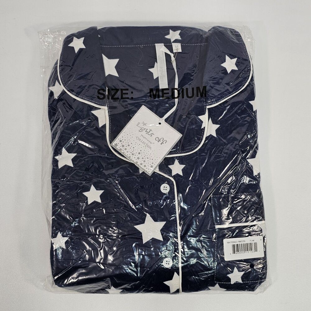 Lights Off Star Print Women's Pajama Set, Long Sleeve Top & Pants, Medium, NWT
